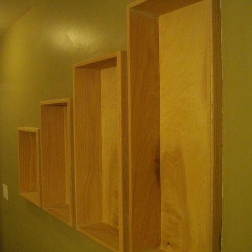 Shadow boxes in a clients bathroom