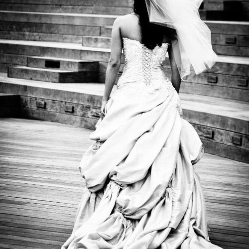 Beautiful wedding gown on the docks of Lake Michig