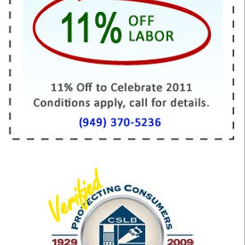 Mention this Coupon and Receive 11% OFF Labor