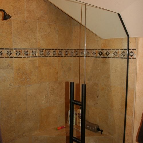 Custom Travertine Shower with Custom Bench and Gla