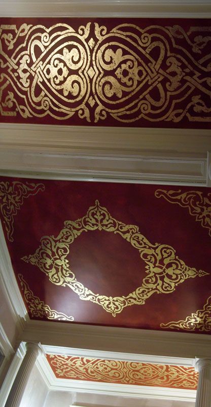 Gold leaf stenciled ceiling.