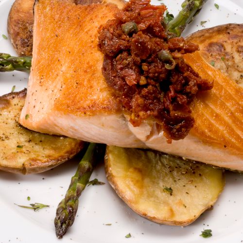Seared Pacific Salmon With Roasted Potatoes, Aspar