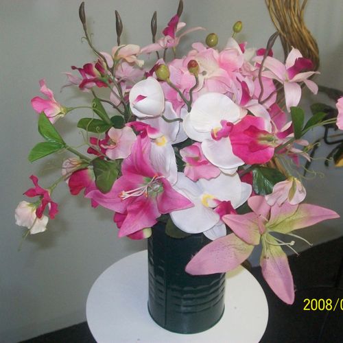 Pink and white Memorial Flower in Can