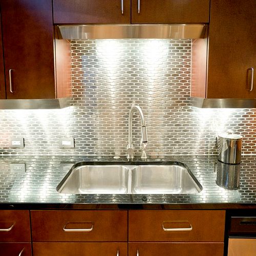 Kitchen remodel - stainless steel tile backsplash