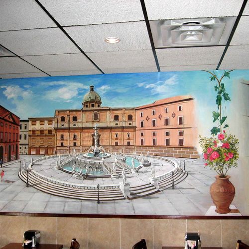 Mural painting with view of italian baroque founta