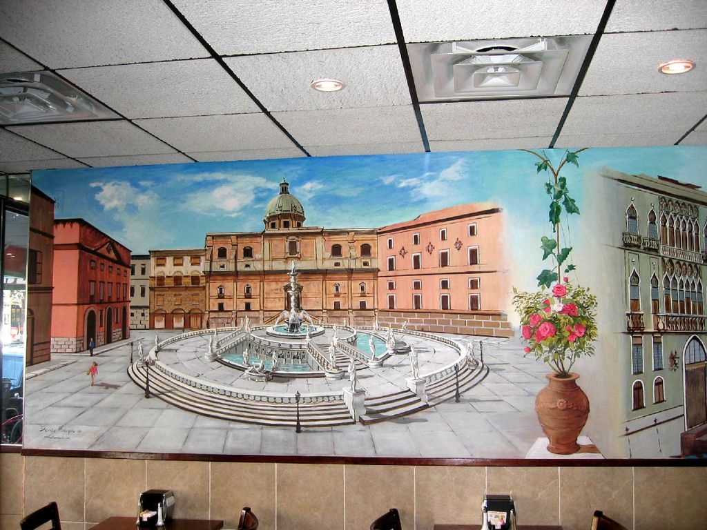 Mural painting with view of italian baroque founta