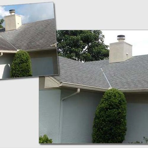 Before and after no-pressure roof cleaning