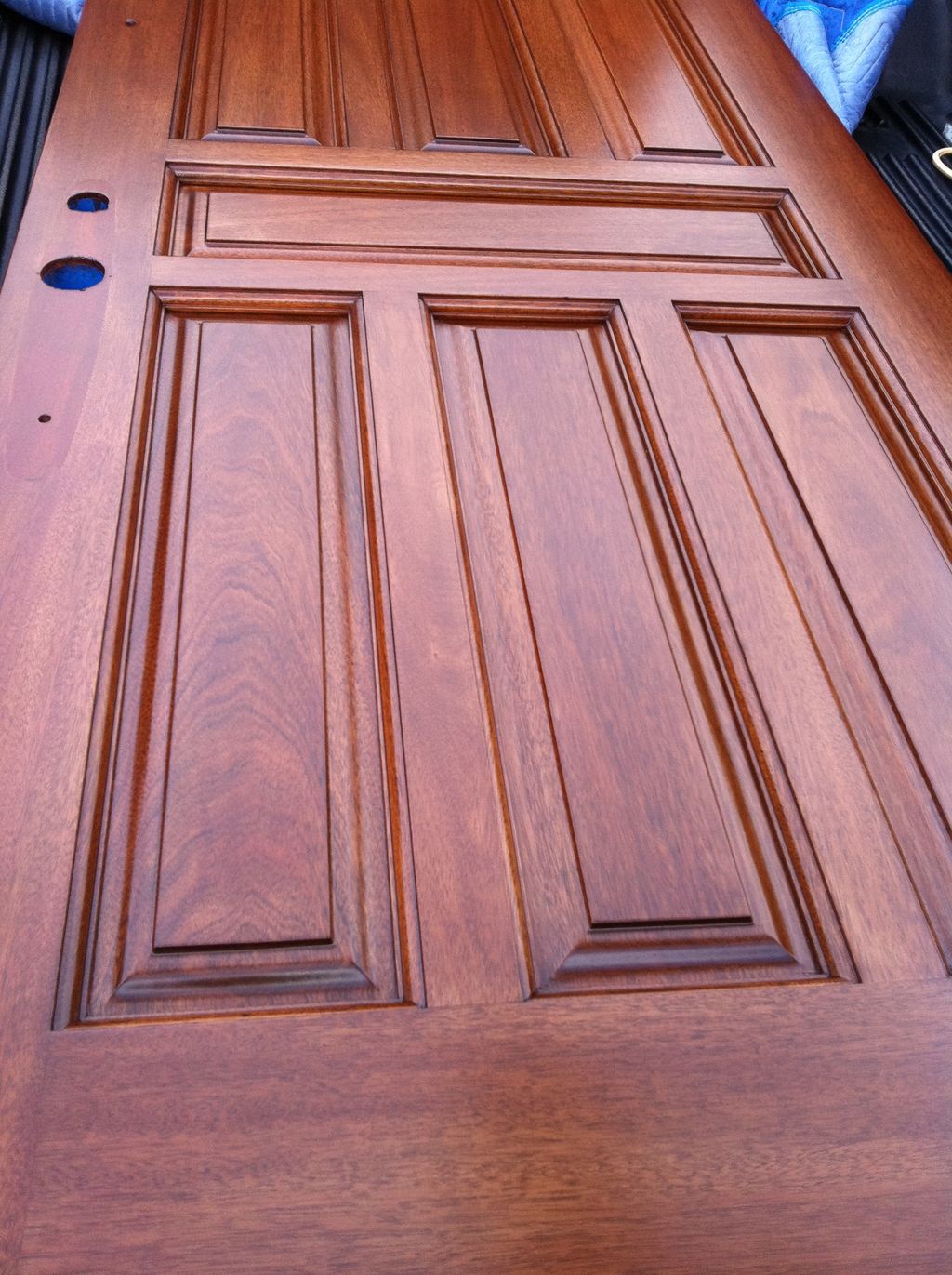 Mahogany door in exterior finish.