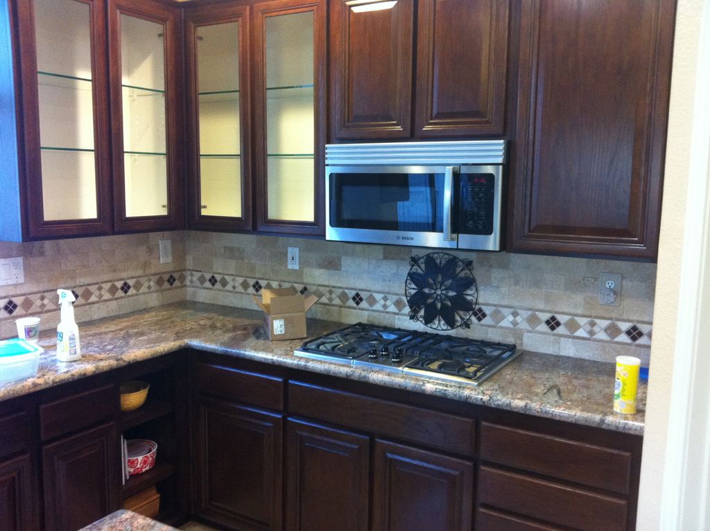 Golden oak cabinets turned into medium brown walnu