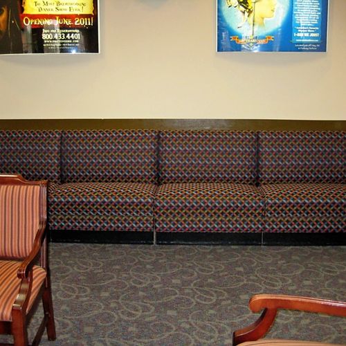 Reupholstered bench seats in the lobby of a time s