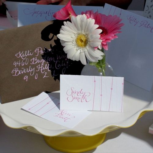 Calligraphy, place cards, addressing, pink ink
