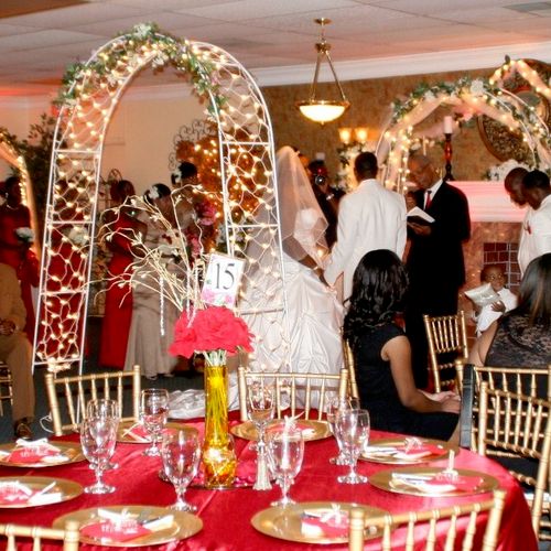 Fully decorated banquet hall with indoor ceremony 