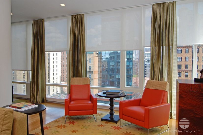 Motorized Solar Shades and Gold Sheer Drapes