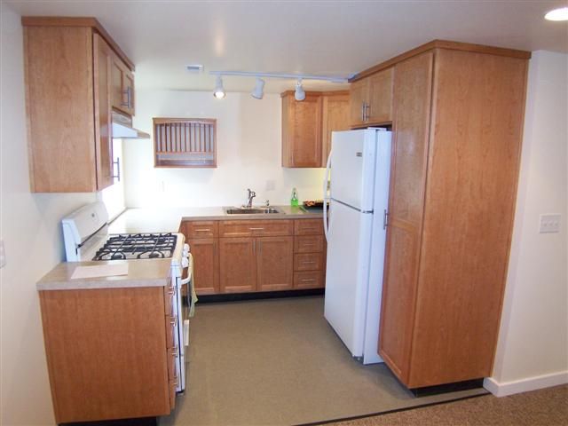 Kitchenette in a remolded basement.
Featuring cher