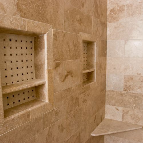 Travartine Insert Shelves in a Custom Shower