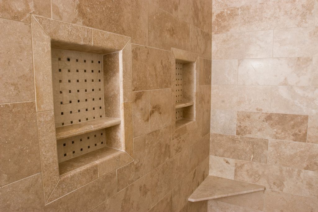 Travartine Insert Shelves in a Custom Shower