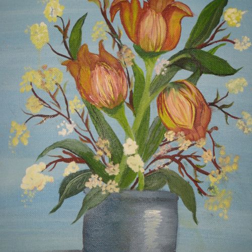 Floral arrangement oil painting by an adult studen