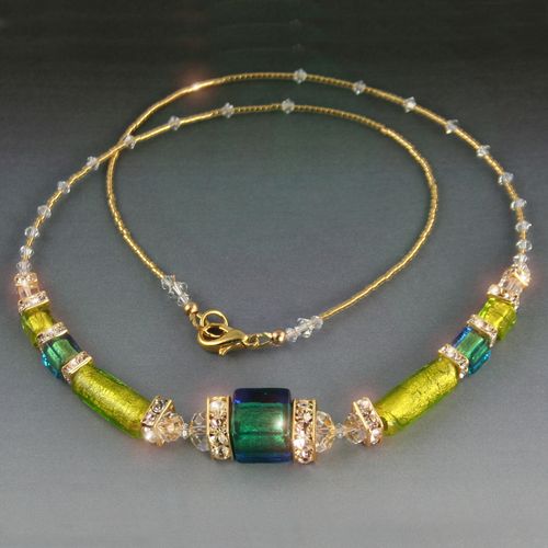Murano necklace in aqua and peridot beads,  $100.0