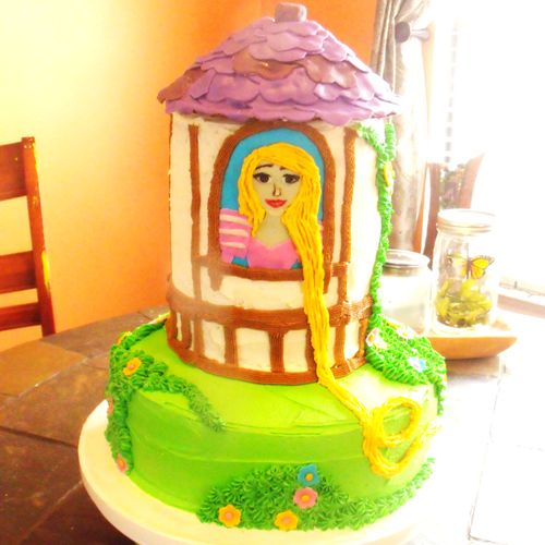 Tangled themed movie cake, rapunzel in a tower..