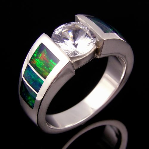Australian opal inlay ring with white sapphire in 