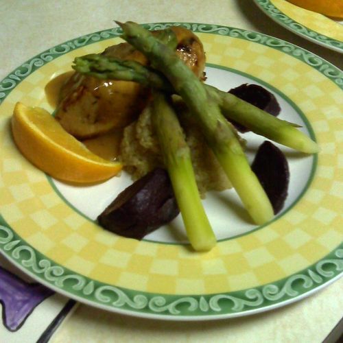 Orange Soy Chicken with steamed asparagus, roasted