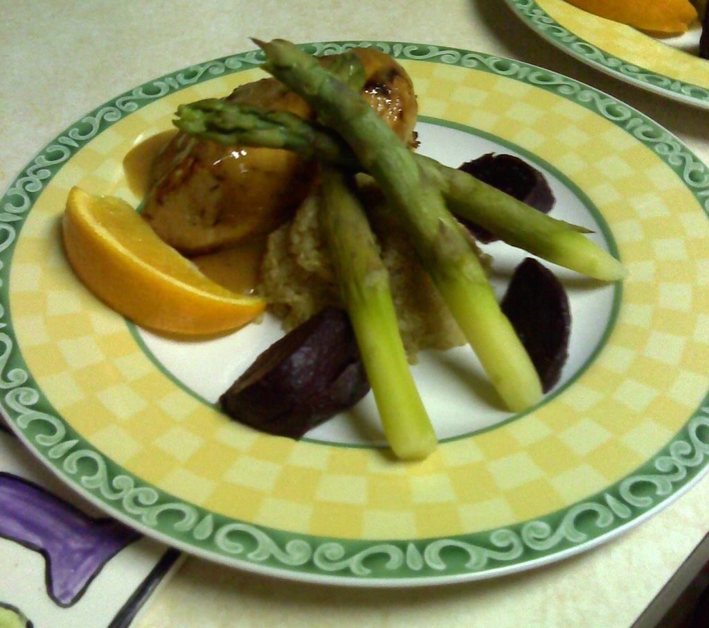 Orange Soy Chicken with steamed asparagus, roasted