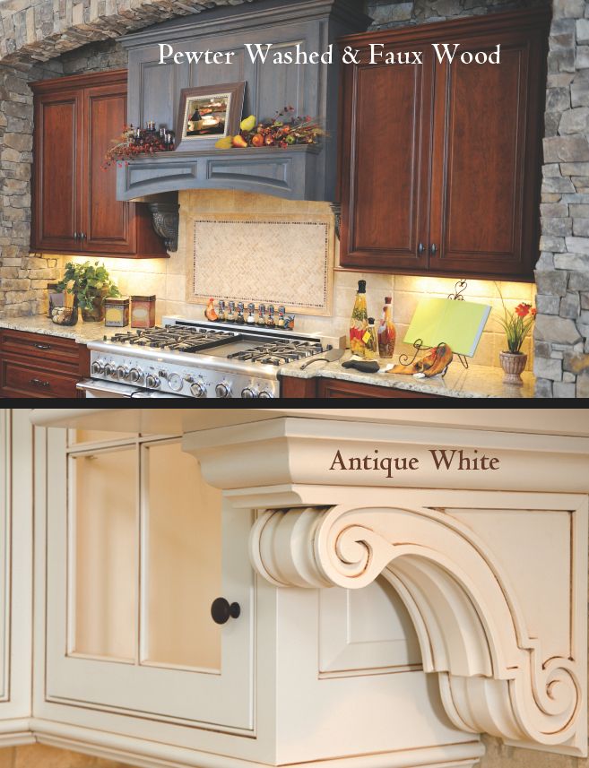 wood grain and antiqued cabinet finish