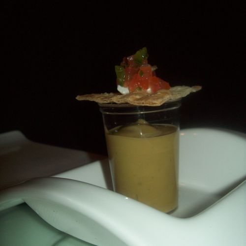Avacado Soup Shooter, topped with a House Made Tor