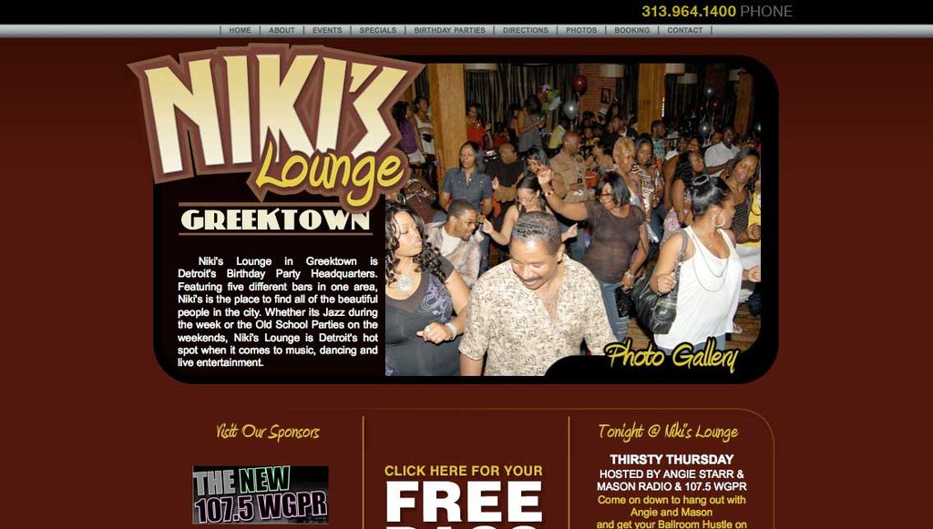 Website for Niki's Lounge, a nightclub located abo