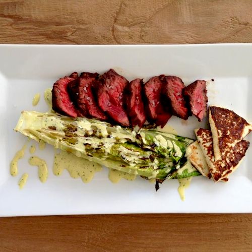 Grill Romaine with Hanger steak and queso frito