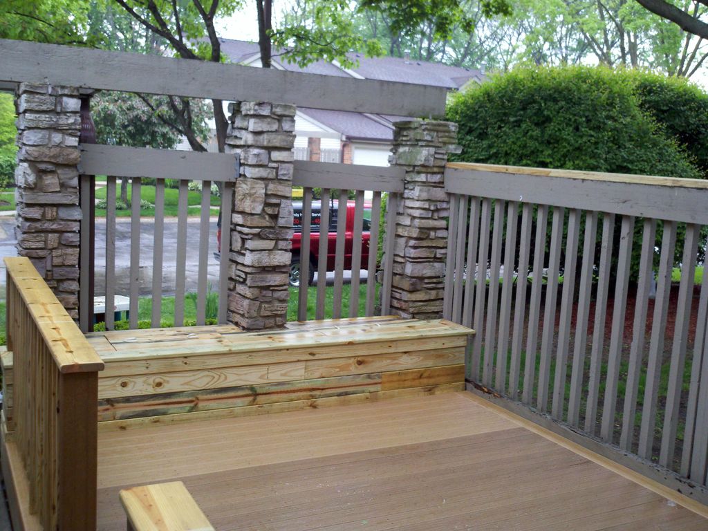Newly built deck with built in storage around the 