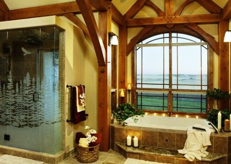 Luxury bath in a timber-frame home, custom images 