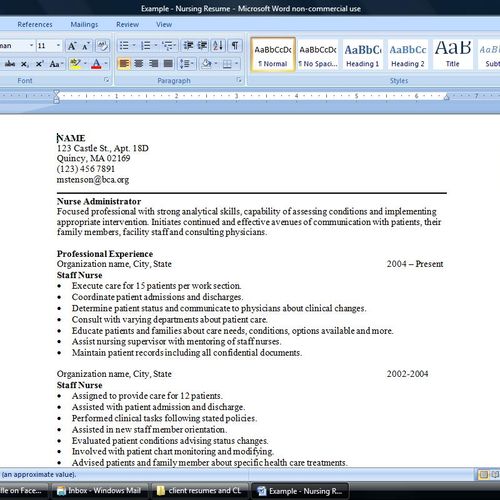 Example - Health Care Resume