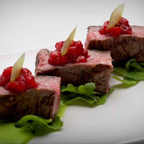 Sous Vide New York Steak with Truffle Pea Puree an
