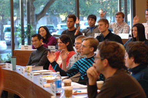 The inside of a classroom at the Stanford Graduate