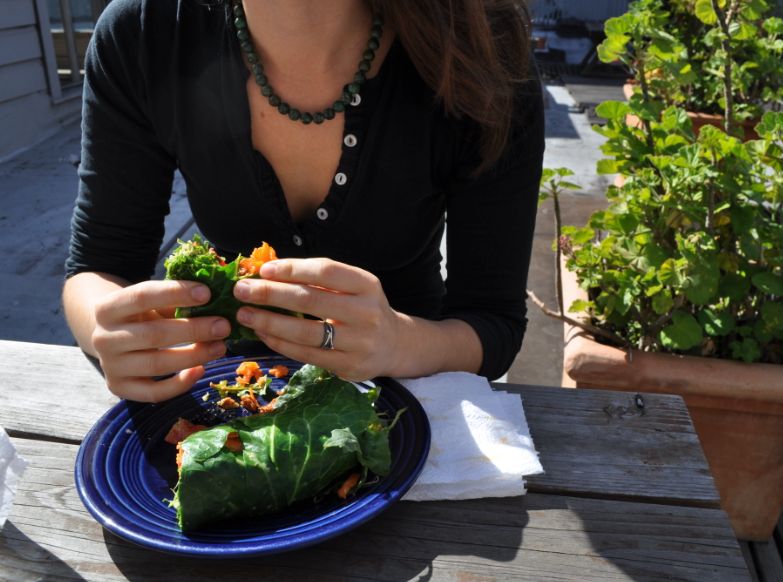 Raw wraps with sun dried tomato tapenade and arugu