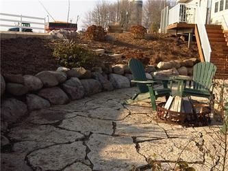 Flagstone patio with mulch and flower beds surroun