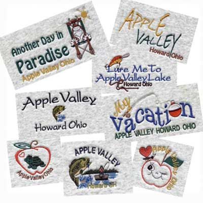 Embroidered items sold at the Apple Valley Marina.