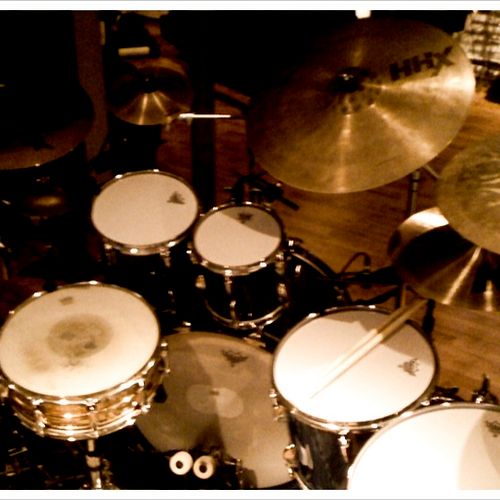 Top view of my drums set up to track in my studio.
