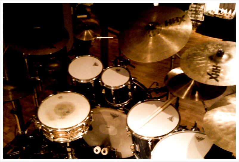 Top view of my drums set up to track in my studio.