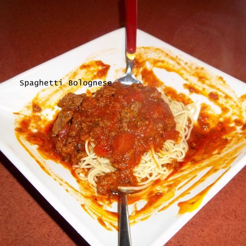Spaghetti Bolgnase.Rich red meat sauce, with a lit