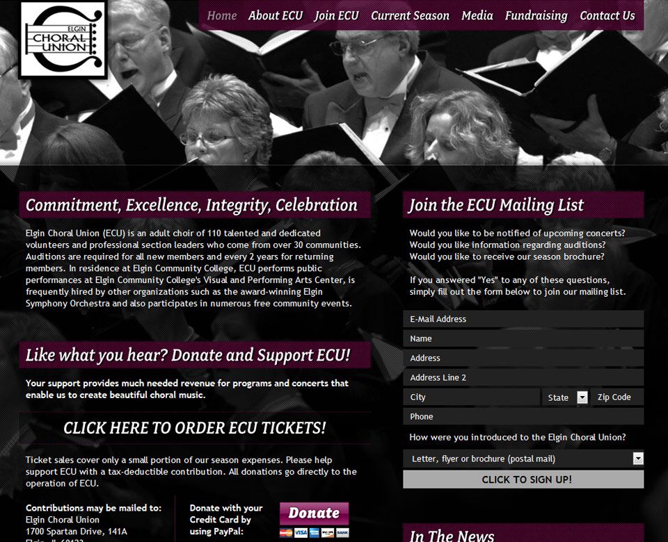 Website design for Elgin Choral Union - www.elginc