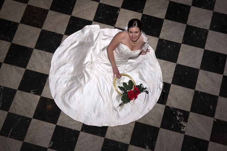 Unique View of bride in perfectly round dress.