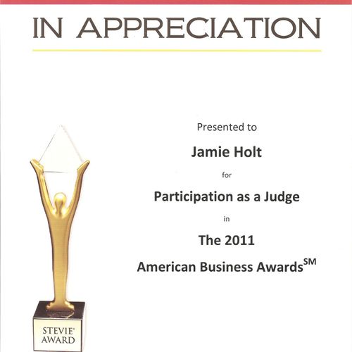 Stevie Business Awards Judge Certificate. Coupled 