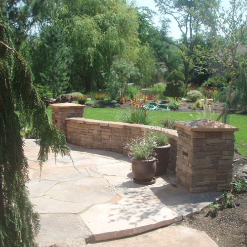 Flagstone Patio and Sitting Wall with Accent Light