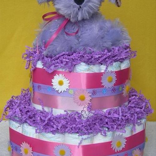 Purple puppy floral diaper cake