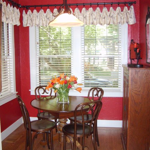 Custom window valances and radiant red for this ki