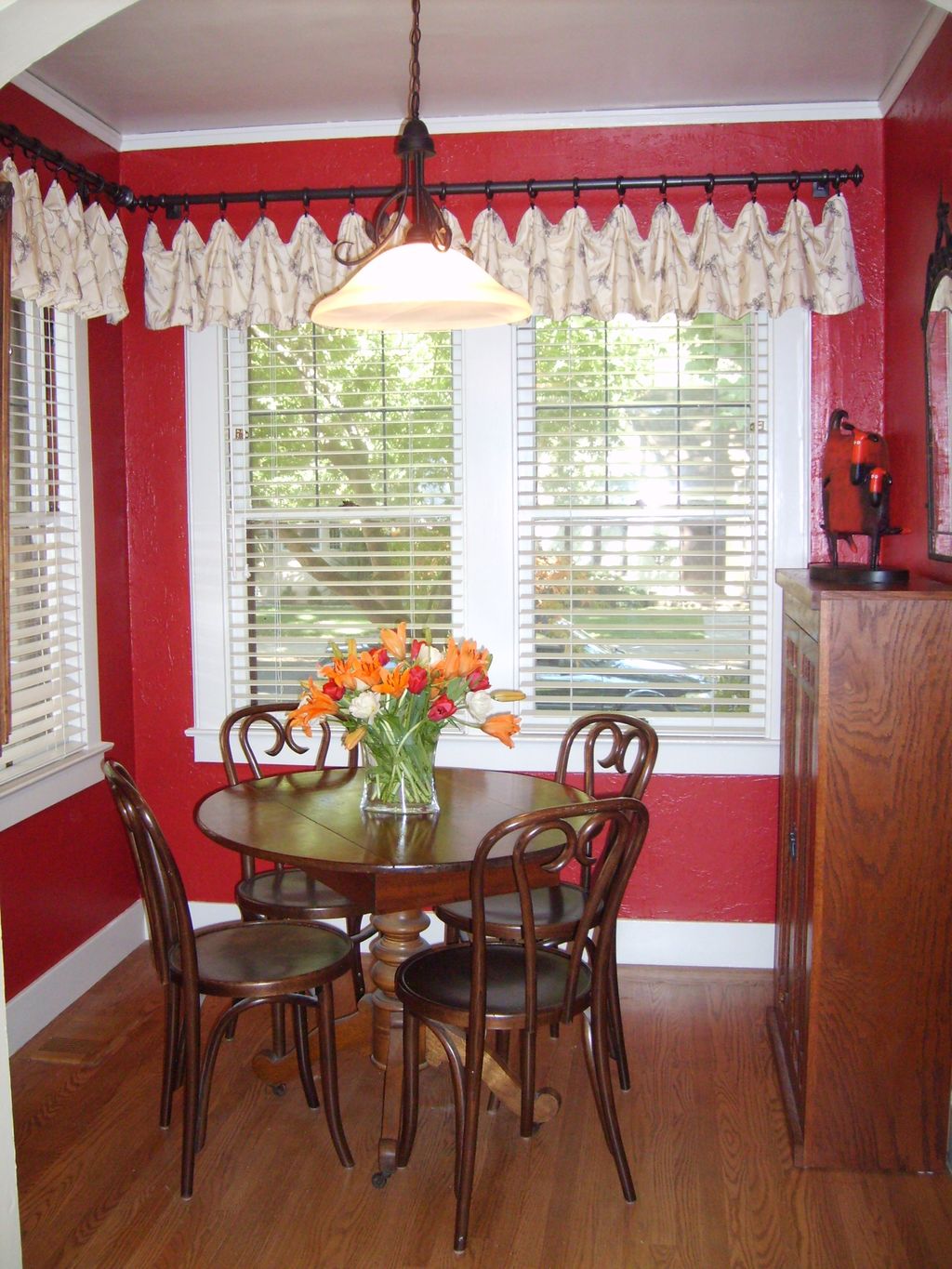 Custom window valances and radiant red for this ki