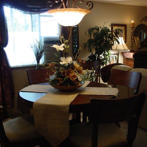 A dining area just loaded with style and interest.