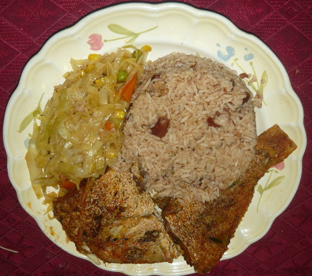 brown stew red snapper rice n beans n steamed vege